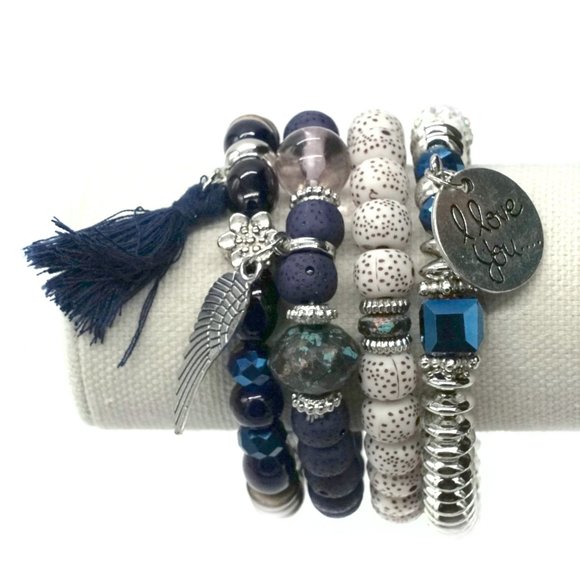 Bracelet Two Charms Four Strand Black White Blue - Picture 3 of 3